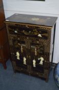Japanese Black Lacquered Cabinet with Mother of Pearl and Gilt Decoration