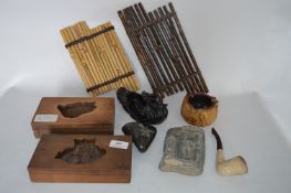 Two Carved Wood Moulds, Japanese Carved Stone Duck, Ashtray, etc.