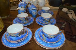 Blue Dragon Patterned Japanese Twenty One Piece Tea Set with Geisha Girl Base