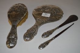Victorian Embossed Silver Back Brush and Mirror, Shoe Horn and Button Hook with Cherub Design