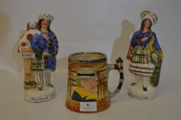 Character Mug and a Pair of Staffordshire Style Figurine 