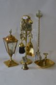 Brassware Including Fireside Companion, Table Lamp, Chamber Stick and a Toasting Fork