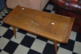 Teak Coffee Table with Carved Japanese Scene Panel and Glass Inlet