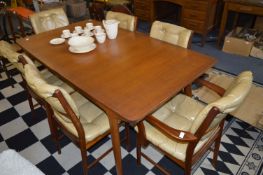 Teak Extending Dining Table with Six Mustard Leather Buttoned Seats