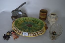 Majolica Wheat Dish, Bath Salts Pot, Stamp Embosser, Pin Badges and a Jelly Mould