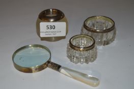 Two Silver Rimmed Salts, Silver Rimmed Match Striker and a Magnifying Glass