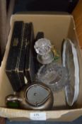 Box Containing Cased Cutlery, Decanter, Jug and Wade Pipe Dish