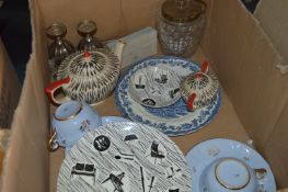 Box Containing a Homemaker Plate, Sadler Teapots, Glass Biscuit Barrel, Etc.