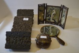 Three Carved Wood Moulding Blocks, Miniature Screen, Tortoise Shell Mirror and Lidded Bowl