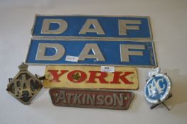 vintage Truck Signs; DAF, York, Atkinson and Two RAC Badges