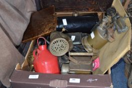 Box Lot of Coach Lamps, Blowtorch, Tank, Brass Horn and a Fire Extinguisher etc.
