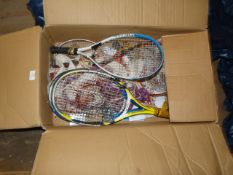 *Box of Various Sports Equipment Including Tennis Rackets, Badminton Nets, etc.