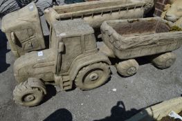 Concrete Tractor and Trailer Garden Ornament