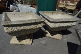 Pair of Square Concrete Garden Urns on Plinths