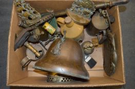 Box of Brassware; Flame Guns, Door Knocker, Crumb Tray and a Jardiniere