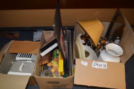 Three Boxes Containing Pottery Vases, Stainless Steel Tea Set, Monopoly, Games and a Slide Projector