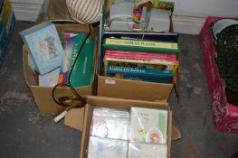 Two Boxes Containing Books, PC Speakers, Table Lamps, etc.