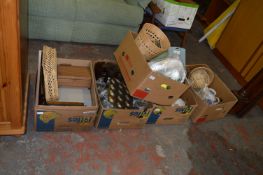 Five Boxes Containing Typewriter, Music Box, Cutlery, Storage Jars, Decorative Plates, Scales, etc.
