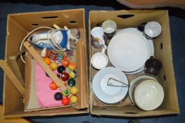 Two Boxes Containing Dinnerware ; Plates, Mugs, Bowls, Steam Iron and Pool Ball Set