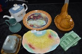 Pottery Including Beswick Dish, Doulton Teapot, Wedgwood, Tank Ornament and Decorative Plates