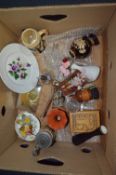 Box Containing Ornaments, Vases, Stein Mugs, Silver Plated Ware, etc.