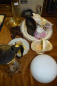 Table Lot; Meat Plate, Glass Vase, Light Shade, Brassware, etc.