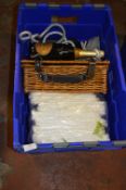 *Box Containing Protective Sheets, Wicker Picnic Basket, Bottle of Carver, etc.