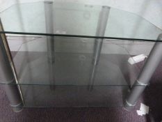 *Three Tier Clear Glass TV Stand on Brushed Stainless Steel Supports