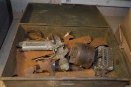 Early Toolbox containing Lathe Chuck, Engineers Tools, Revolution Counter, etc.