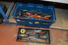 Blue Plastic Toolbox Containing Assorted Hand Tools, Tape Measures, etc.