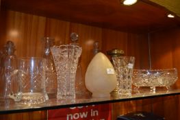 Glassware; Decanters, Vases, Mug, Bowl and a Brass Oil Lamp