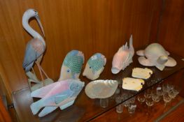 Collection Carved Wood Fish Ornaments and a Turtle