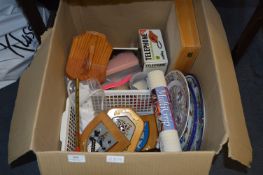 Box Containing Decorative Wall Plates, Telephone, Wooden Plaques, Recorder and Flute