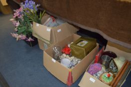 Four Boxes Containing Ornaments, Prints, Glassware, Storage Containers, Books and Teaware
