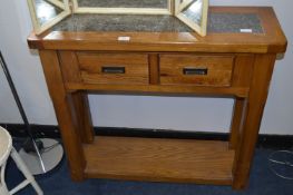 *Solid Oak Side Table with Two Drawers and Granite Effect Inlet Top