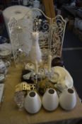 Table Lot of Pottery and Glassware, Cat Ornaments, Tea Candle Stands, etc.