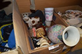 Box Containing Coffee Grinder, Decorative Ornaments, Ovaltine Mugs, Large Vase, etc.