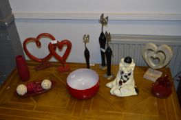 Table Lot of Ornaments; Cats, Fruit Bowl, Heart Stands, Pierrot Clown, etc.