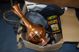 Box Containing Copper Vase, Handbags, Bath Shelf, etc.