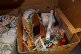 Box Containing Stein Mugs, Small Clock, Rosettes, Glassware, etc.