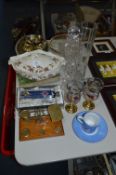 Table Lot; Brass Scales, Glass Decanter, Brass Door Furniture, etc.