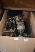 Box of Kitchenware, Stainless Steel Pans, Quiche Dishes, Chrome Toaster, Cutlery, etc.