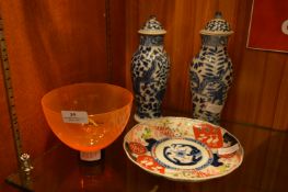 Pair of Blue & White Chinese Vases, Dish and a Gillies Jones Glass Bowl