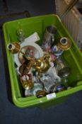 Plastic Box Containing Brass Ceiling Light, Pottery, Ornaments, Dishes, Mugs, Glass Decanter,