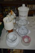 Table Lot; Pottery Bread Bin, Cookware, Quiche Dishes, Mugs, Table Lamp, Fireside Companion Set,