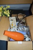 Box Containing Ornaments, Vase, Teaware, etc.