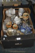 Box Containing Blue & Gilt Part Tea Set, Stein Mugs, Blue & White Ware, Drinking Glassware, etc.