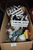 Box of Ornaments and Pottery Including Cat Teapot, Jugs, etc.