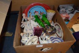 Box Containing Christmas Plates, Decorative Ornaments, Part Tea Sets, Vase, Glassware