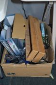 Box Containing Sony Playstaion, Table Lamp, CD Rack, Telephones, Toys, etc.